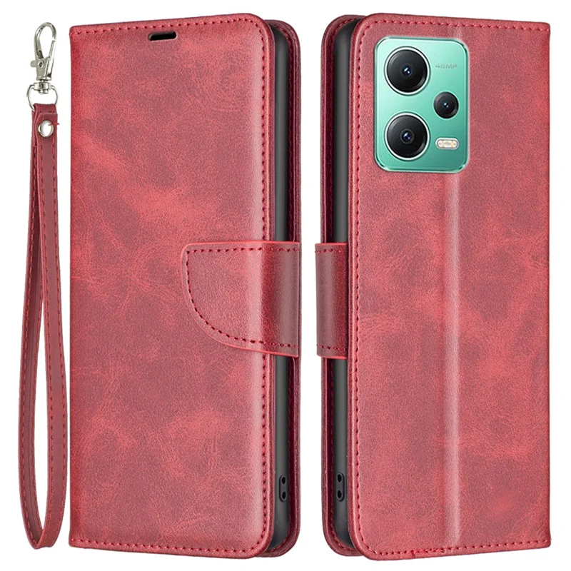 For Xiaomi Poco X5 5G / Redmi Note 12 5G (Global) / (India) / (China) Case Smooth Leather Wallet Stand Mobile Phone Cover with Strap - Red