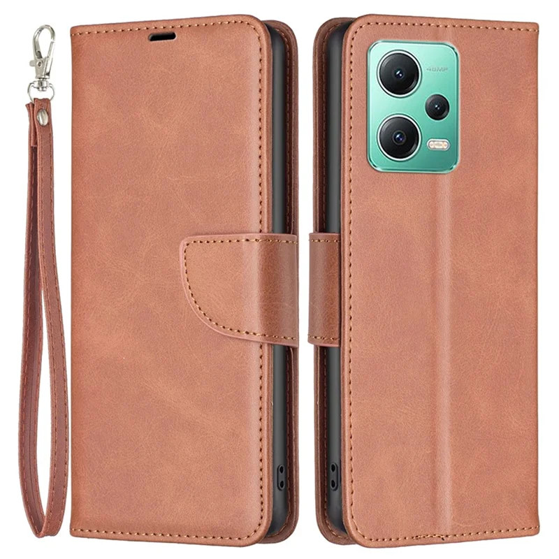 For Xiaomi Poco X5 5G / Redmi Note 12 5G (Global) / (India) / (China) Case Smooth Leather Wallet Stand Mobile Phone Cover with Strap - Brown
