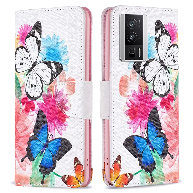 For Xiaomi Poco F5 Pro 5G / Redmi K60 Pro 5G / K60 5G Adjustable Stand Phone Case Pattern Printing PU Leather Wallet Cover - Two Butterflies