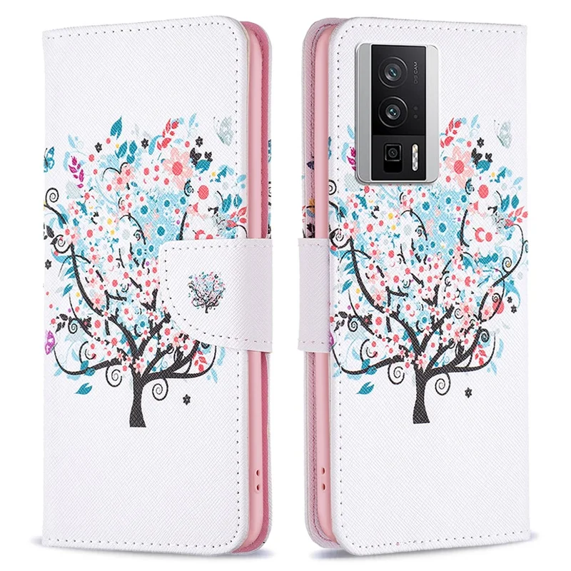 For Xiaomi Poco F5 Pro 5G / Redmi K60 Pro 5G / K60 5G Adjustable Stand Phone Case Pattern Printing PU Leather Wallet Cover - Flower Tree