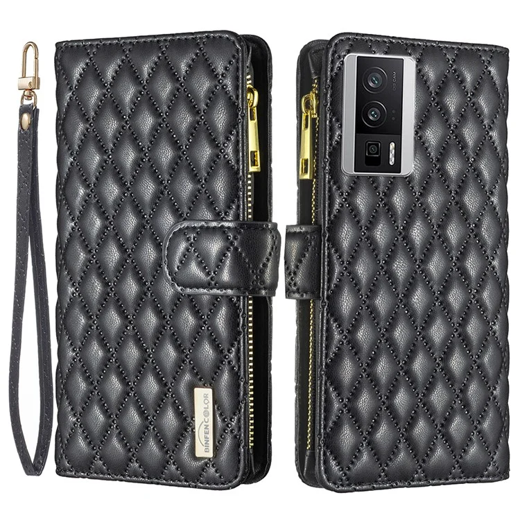 BINFEN COLOR BF Style-15 para Xiaomi Poco F5 Pro 5G / Redmi K60 Pro 5G / K60 5G Capa de carteira de couro sintético com bolso com zíper, suporte para telefone e alça - Preto