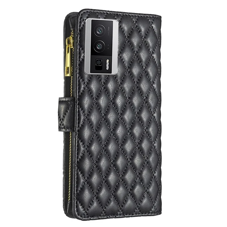 BINFEN COLOR BF Style-15 para Xiaomi Poco F5 Pro 5G / Redmi K60 Pro 5G / K60 5G Capa de carteira de couro sintético com bolso com zíper, suporte para telefone e alça - Preto