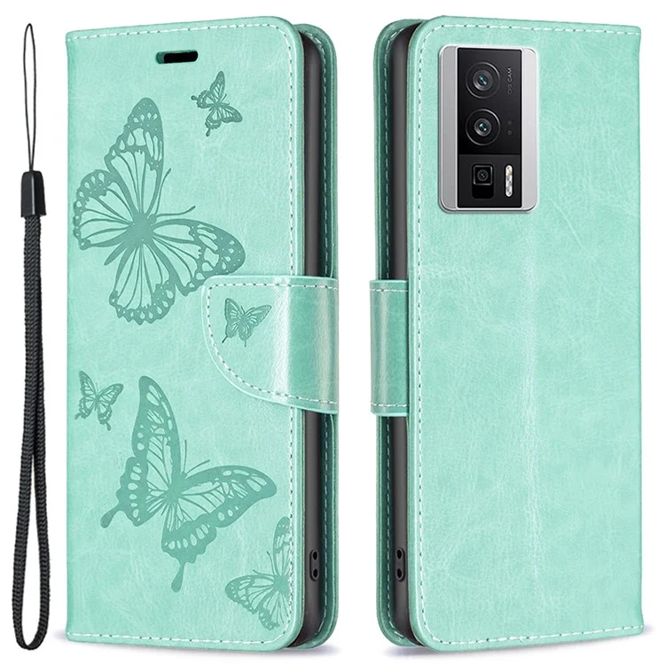 Per Xiaomi Poco F5 Pro 5G / Redmi K60 Pro 5G / K60 5G Butterfly Imprinted PU Leather Phone Case Wallet Stand Cover with Hand Strap - Verde