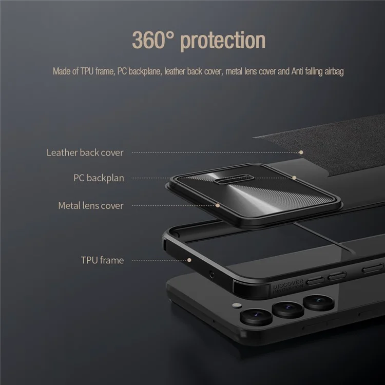 NILLKIN Phone Cover for Samsung Galaxy S23+, Slide Camera Protection PU Leather + PC + TPU Phone Case - Black