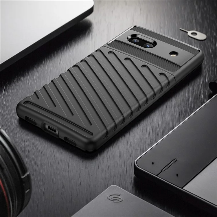 Drop-proof TPU Phone Case For Google Pixel 7a, Thunder Series Thickened Twill Texture Anti-Slip Phone Cover - Black