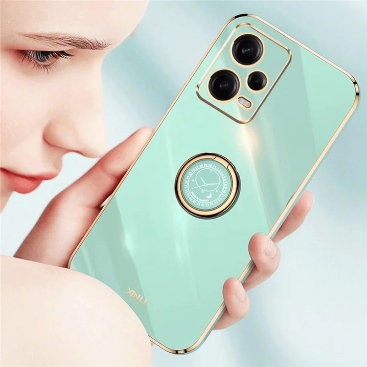 Capa de Telefone XINLI para Xiaomi Redmi Note 12 Pro+ 5G Borda Dourada Eletrolítica Anel Suporte Suporte TPU Capa de Telefone - Ciano