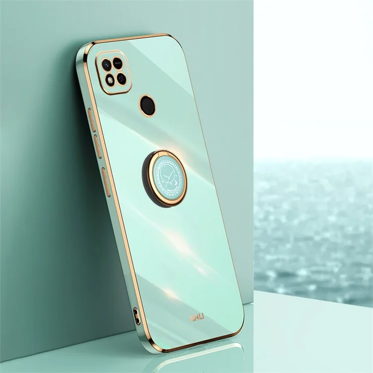 XINLI Ring Holder Kickstand Phone Case per Xiaomi Redmi 10A, Electroplating Golden Edge TPU Phone Cover - Cyan