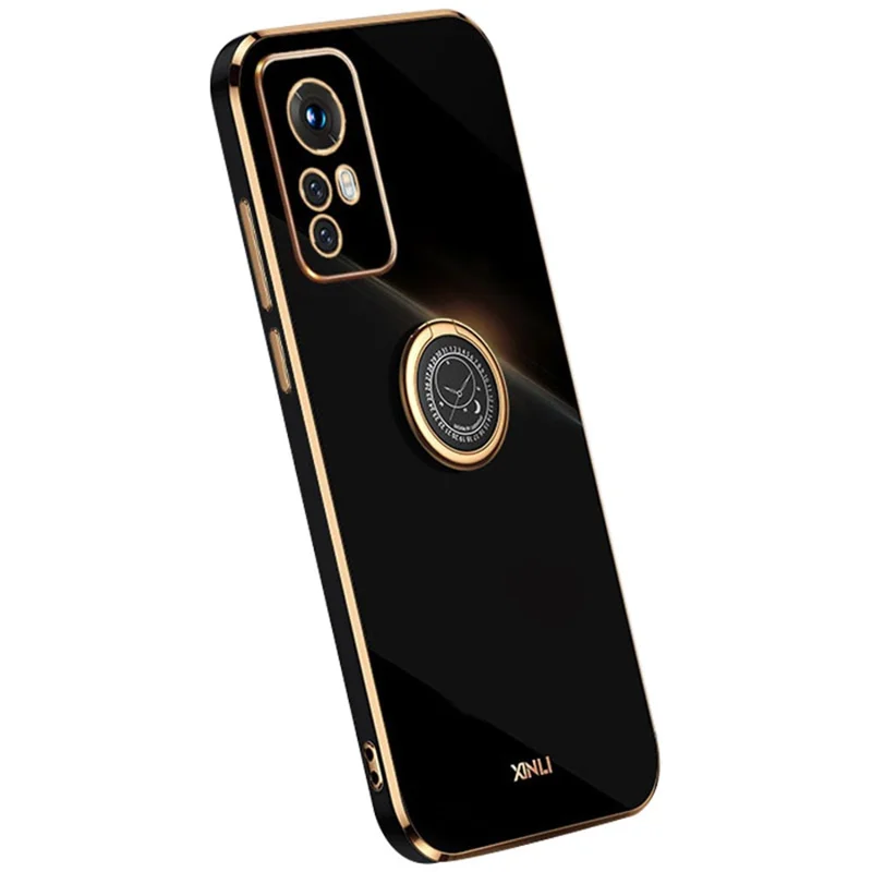 XINLI For Xiaomi 12 5G / 12X 5G / 12S 5G Kickstand Phone Case, Shock-absorbing Electroplating TPU Back Protector Cover - Black