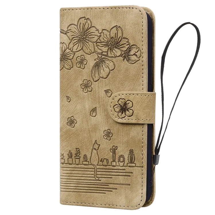 For Samsung Galaxy A54 5G PU Leather Wallet Case Imprinted Cat Flower Phone Stand Cover with Strap - Brown