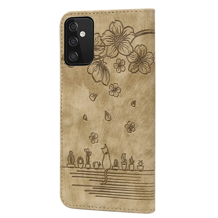 For Samsung Galaxy A54 5G PU Leather Wallet Case Imprinted Cat Flower Phone Stand Cover with Strap - Brown