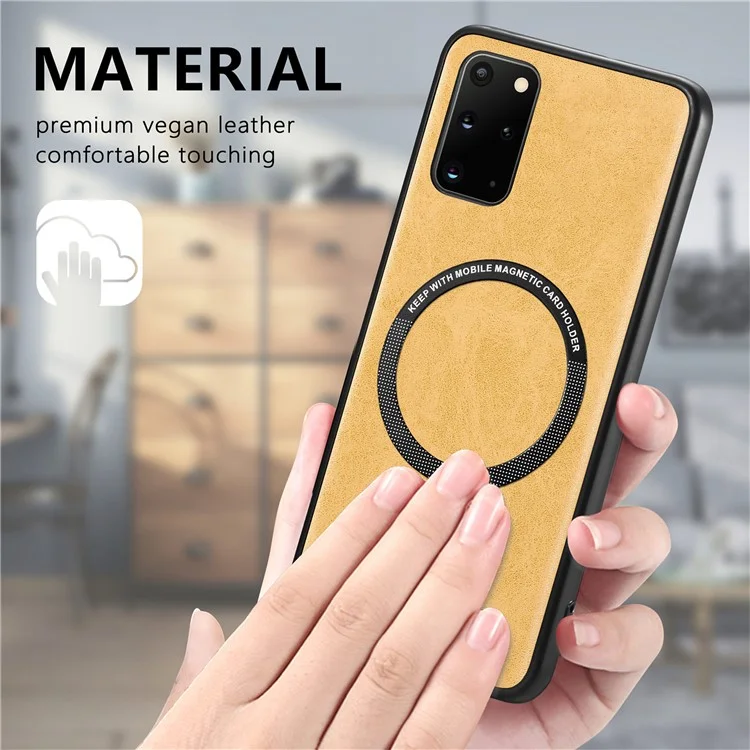 For Samsung Galaxy S20 Plus 4G / 5G Leather Coated PC+TPU Cover Phone Case Compatible with MagSafe with Magnetic Holder Metal Ring - Yellow
