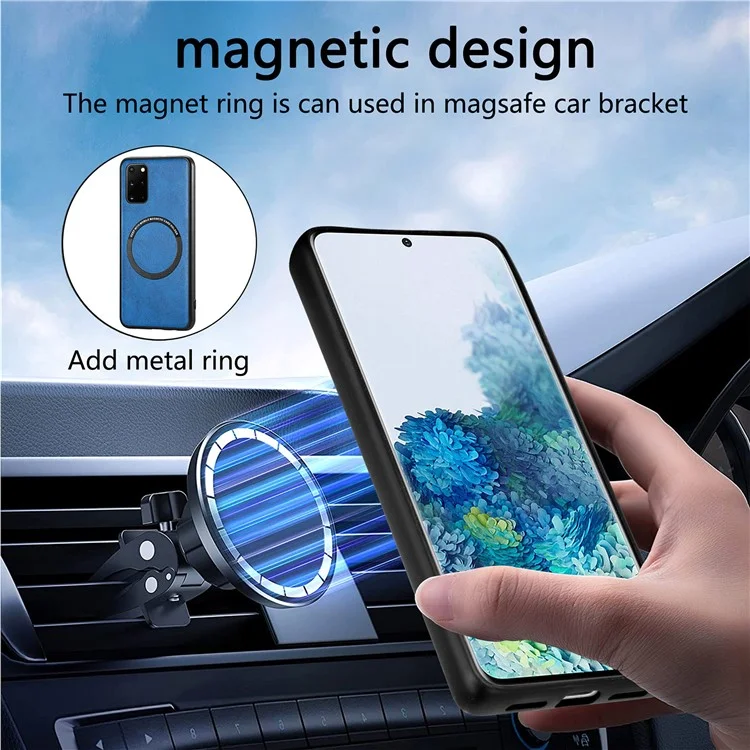 For Samsung Galaxy S20 Plus 4G / 5G Leather Coated PC+TPU Cover Phone Case Compatible with MagSafe with Magnetic Holder Metal Ring - Yellow