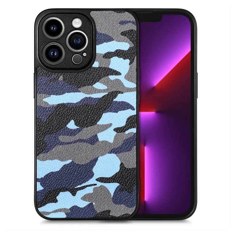 Para Iphone 13 Pro Max Camuflage Pattern Case de Teléfono pc Con Recubrimiento de Cuero+tpu Tapa Trasera - Azul