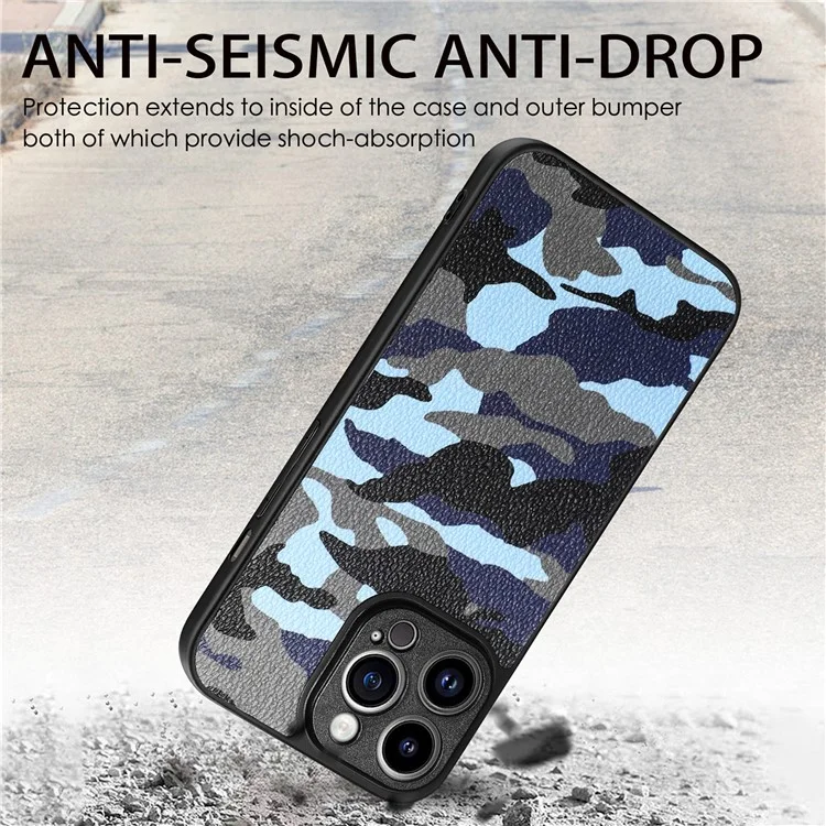 Para Iphone 13 Pro Max Camuflage Pattern Case de Teléfono pc Con Recubrimiento de Cuero+tpu Tapa Trasera - Azul