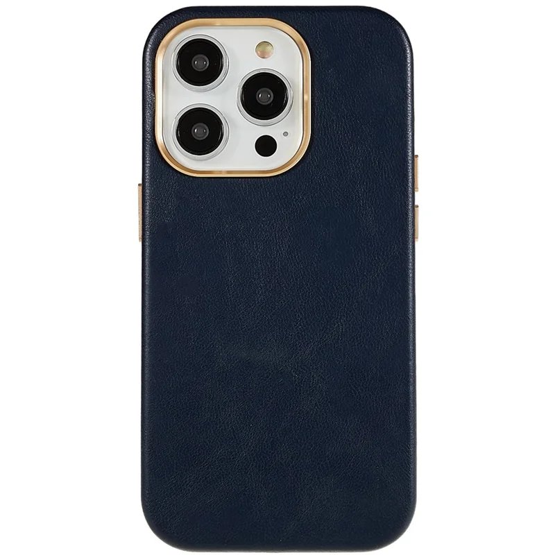 For iPhone 13 Pro 6.1 inch Metal Button Design Phone Cover PU Leather+PC Business Phone Case with Metal Lens Ring Frame - Navy Blue