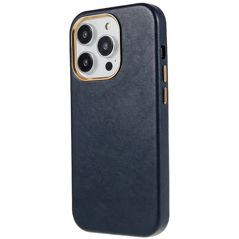 For iPhone 13 Pro 6.1 inch Metal Button Design Phone Cover PU Leather+PC Business Phone Case with Metal Lens Ring Frame - Navy Blue