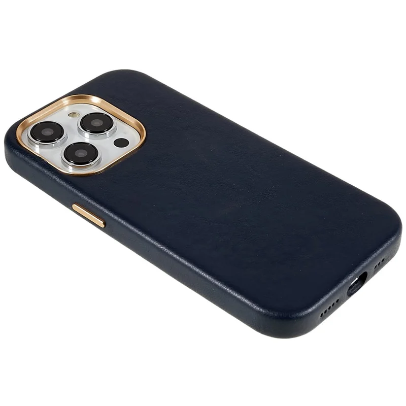 For iPhone 13 Pro 6.1 inch Metal Button Design Phone Cover PU Leather+PC Business Phone Case with Metal Lens Ring Frame - Navy Blue