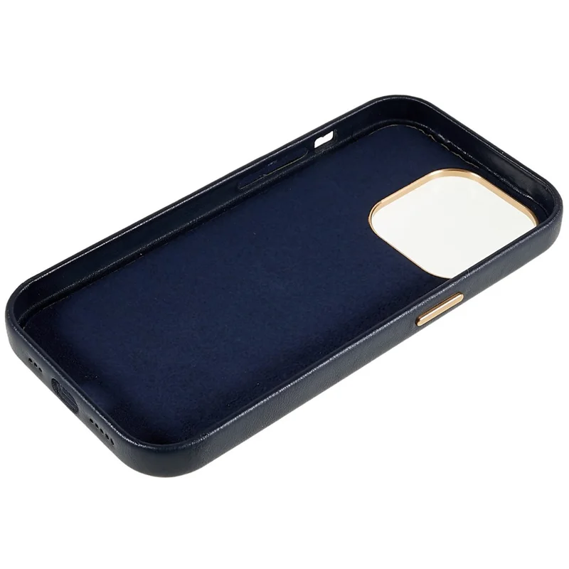 For iPhone 13 Pro 6.1 inch Metal Button Design Phone Cover PU Leather+PC Business Phone Case with Metal Lens Ring Frame - Navy Blue
