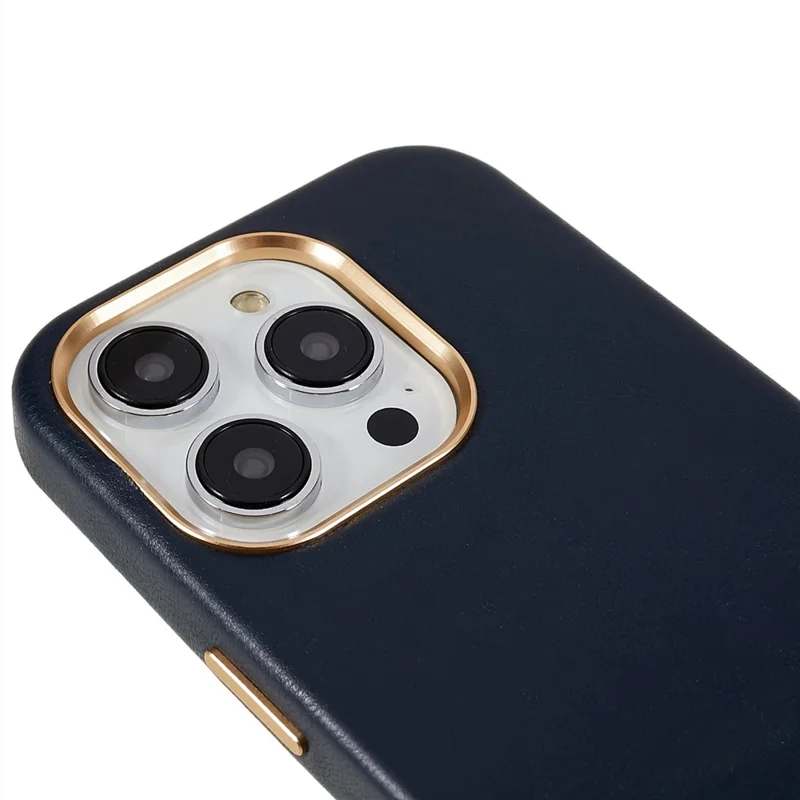 For iPhone 13 Pro 6.1 inch Metal Button Design Phone Cover PU Leather+PC Business Phone Case with Metal Lens Ring Frame - Navy Blue