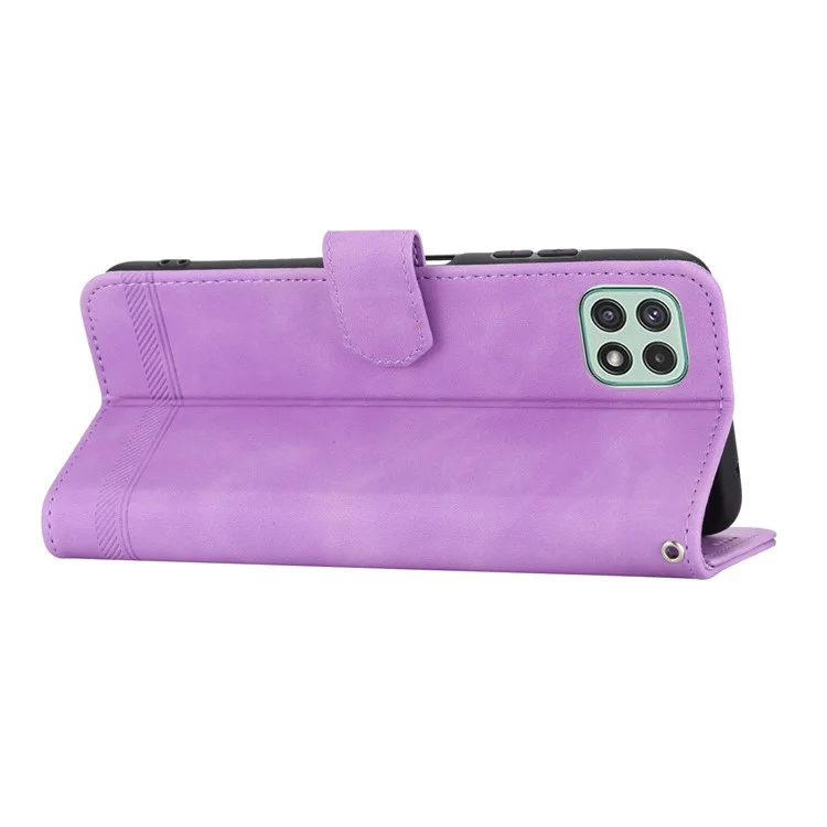 DIERFENG DF-03 Stand Phone Case for Samsung Galaxy A22 5G (Version européenne), lignes imprimées Étui portefeuille en cuir PU - Violet