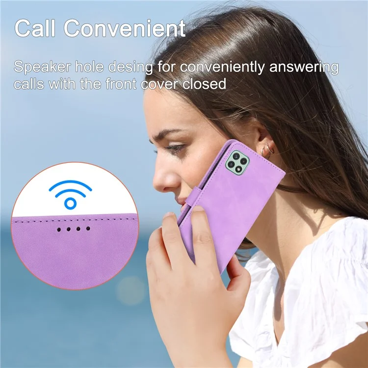 DIERFENG DF-03 Stand Phone Case for Samsung Galaxy A22 5G (Version européenne), lignes imprimées Étui portefeuille en cuir PU - Violet