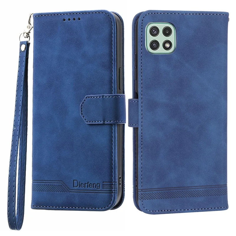DIERFENG DF-03 Stand Phone Case for Samsung Galaxy A22 5G (EU Version), Lines Imprinted PU Leather Wallet Cover - Blue