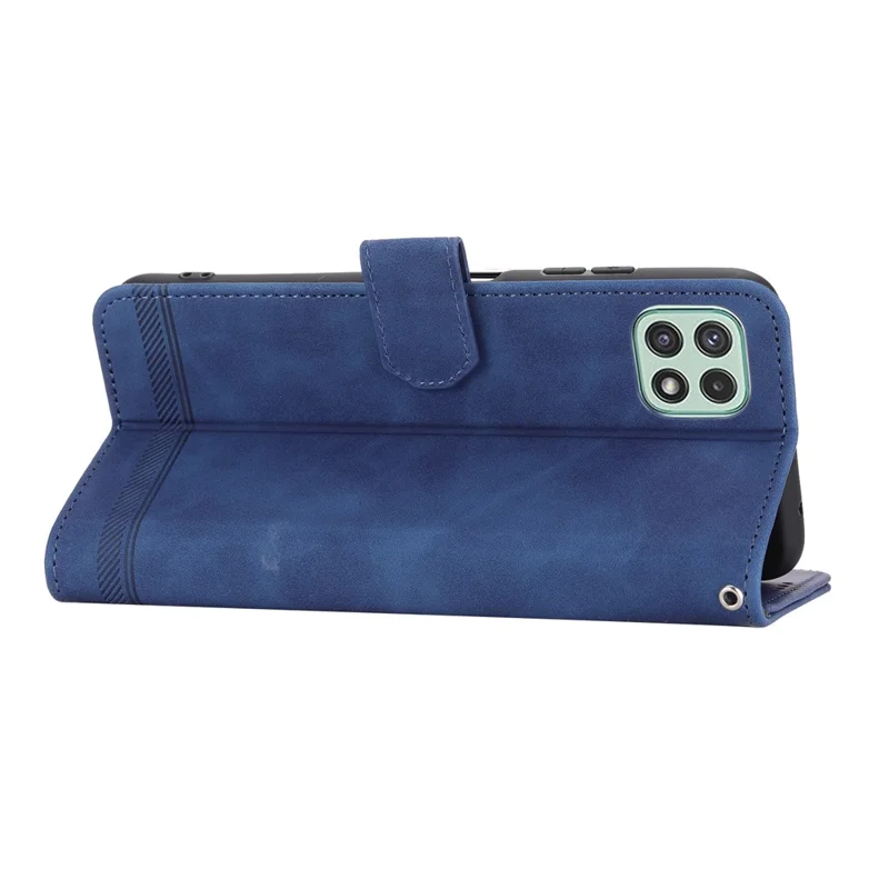 DIERFENG DF-03 Stand Phone Case for Samsung Galaxy A22 5G (EU Version), Lines Imprinted PU Leather Wallet Cover - Blue