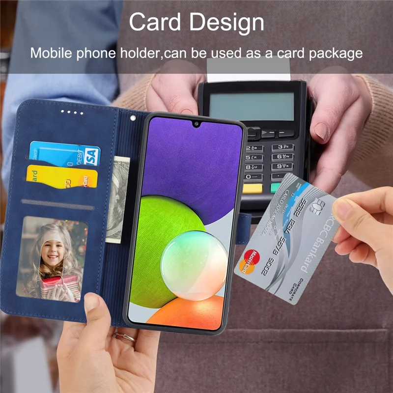 DIERFENG DF-03 Stand Phone Case for Samsung Galaxy A22 5G (EU Version), Lines Imprinted PU Leather Wallet Cover - Blue