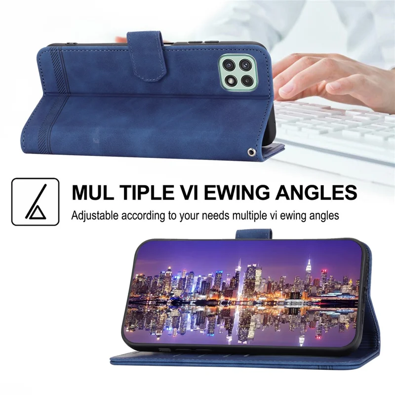 DIERFENG DF-03 Stand Phone Case for Samsung Galaxy A22 5G (EU Version), Lines Imprinted PU Leather Wallet Cover - Blue