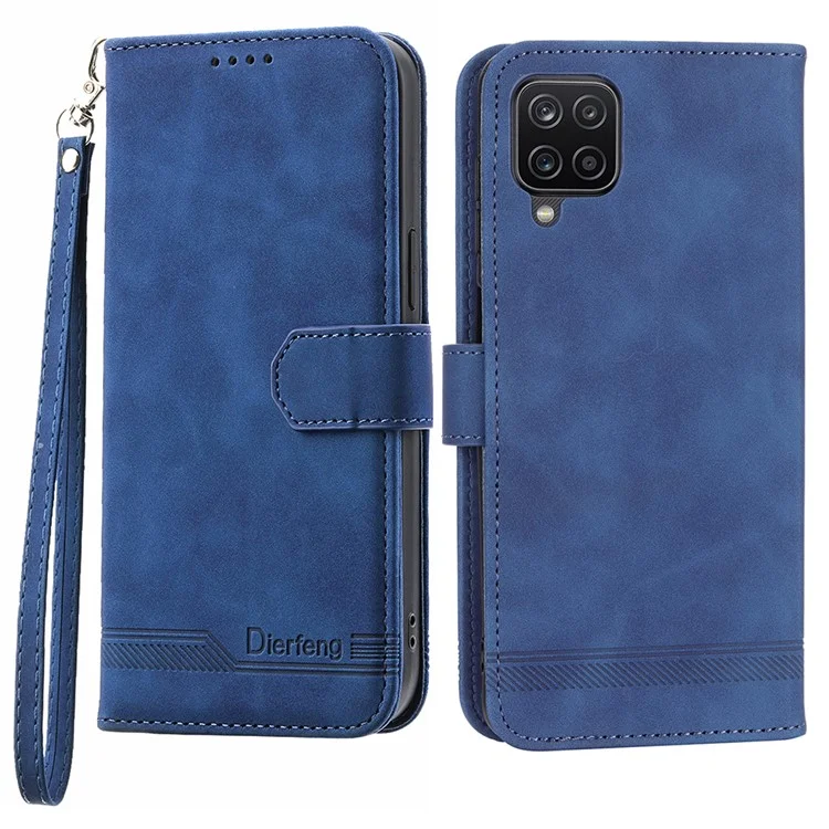 DIERFENG DF-03 Leather Case for Samsung Galaxy A12, Stand Wallet Phone Cover with Lines Imprinted - Blue