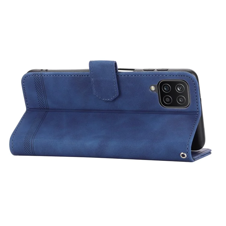 DIERFENG DF-03 Leather Case for Samsung Galaxy A12, Stand Wallet Phone Cover with Lines Imprinted - Blue