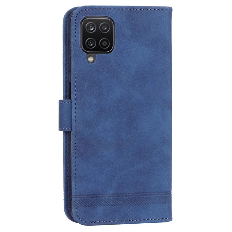 DIERFENG DF-03 Leather Case for Samsung Galaxy A12, Stand Wallet Phone Cover with Lines Imprinted - Blue