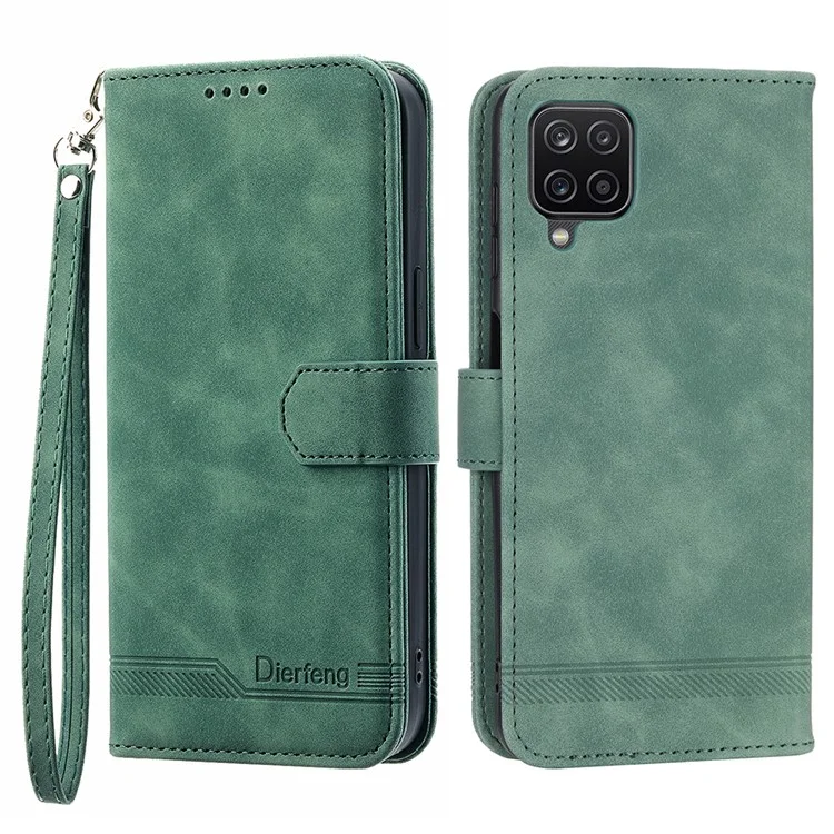 Étui en cuir DIERFENG DF-03 pour Samsung Galaxy A12, étui portefeuille avec support, housse de téléphone avec lignes imprimées - Vert