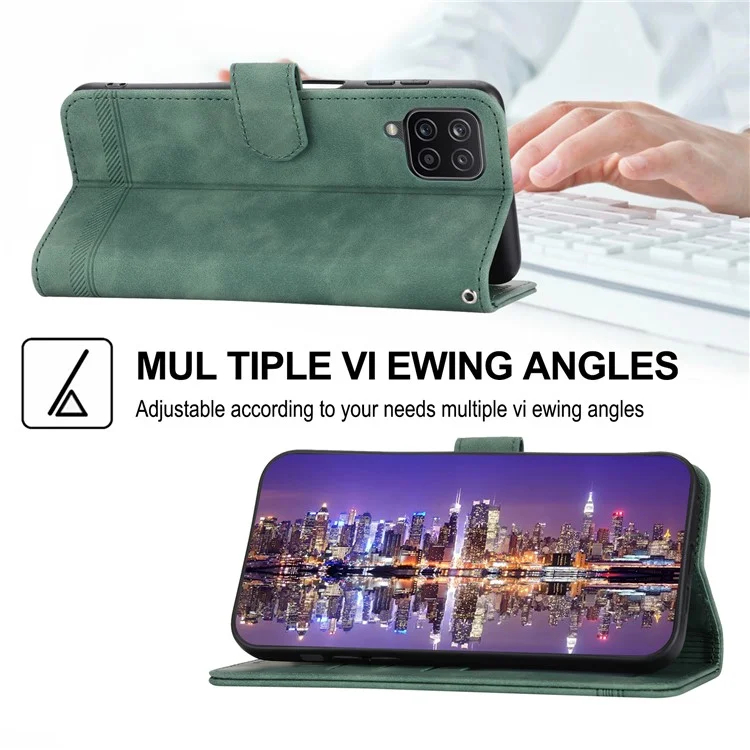 Étui en cuir DIERFENG DF-03 pour Samsung Galaxy A12, étui portefeuille avec support, housse de téléphone avec lignes imprimées - Vert