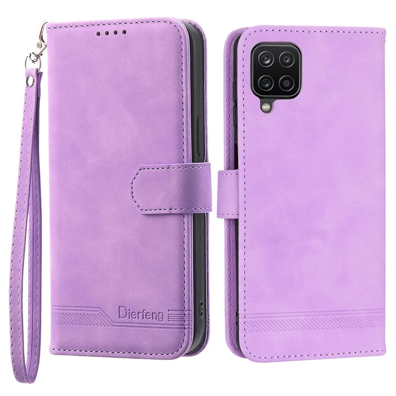 DIERFENG DF-03 Leather Case for Samsung Galaxy A12, Stand Wallet Phone Cover with Lines Imprinted - Purple