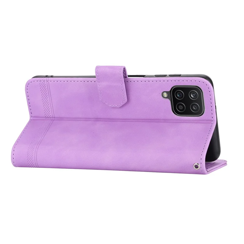 DIERFENG DF-03 Leather Case for Samsung Galaxy A12, Stand Wallet Phone Cover with Lines Imprinted - Purple