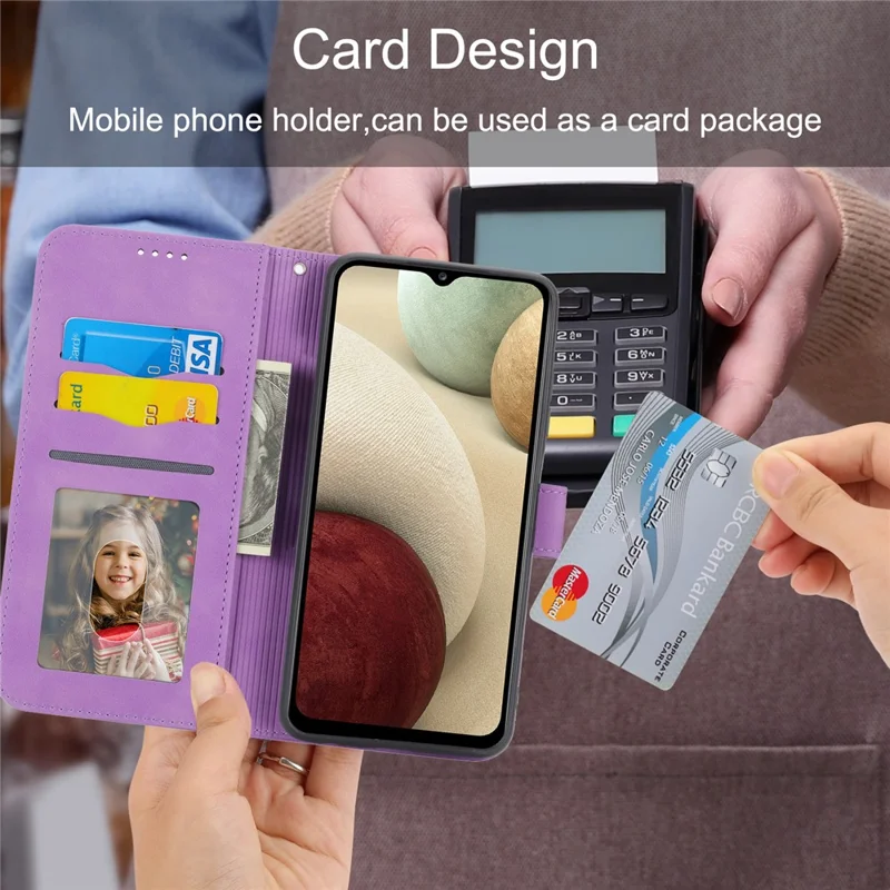 DIERFENG DF-03 Leather Case for Samsung Galaxy A12, Stand Wallet Phone Cover with Lines Imprinted - Purple
