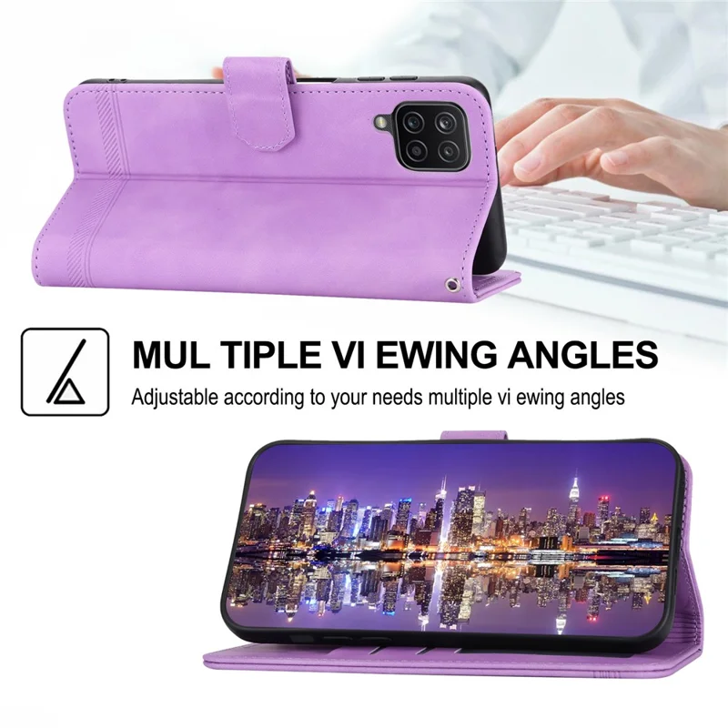 DIERFENG DF-03 Leather Case for Samsung Galaxy A12, Stand Wallet Phone Cover with Lines Imprinted - Purple
