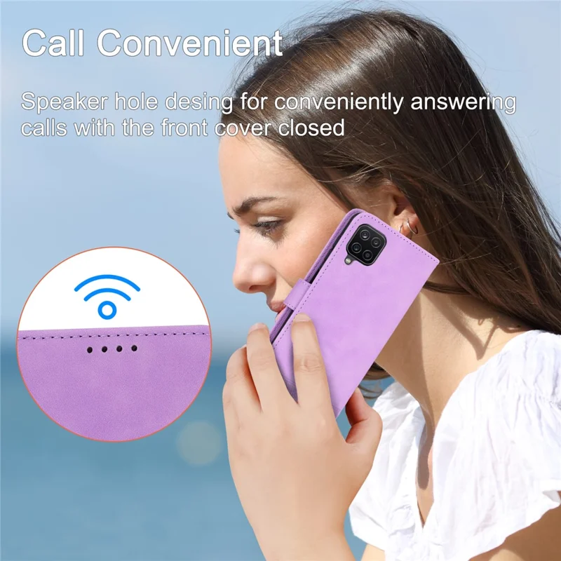DIERFENG DF-03 Leather Case for Samsung Galaxy A12, Stand Wallet Phone Cover with Lines Imprinted - Purple