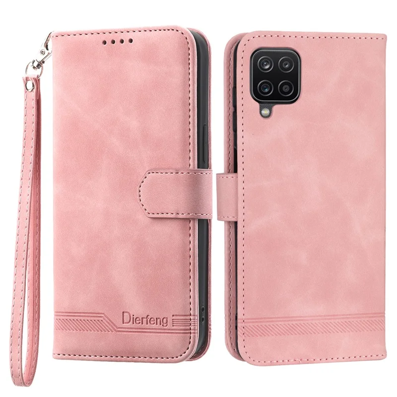 DIERFENG DF-03 Leather Case for Samsung Galaxy A12, Stand Wallet Phone Cover with Lines Imprinted - Pink