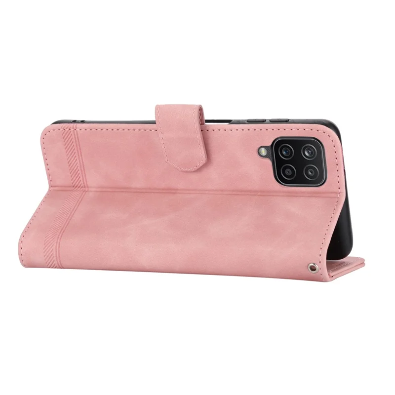 DIERFENG DF-03 Leather Case for Samsung Galaxy A12, Stand Wallet Phone Cover with Lines Imprinted - Pink