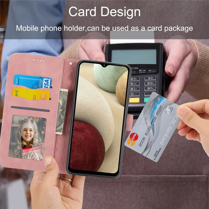 DIERFENG DF-03 Leather Case for Samsung Galaxy A12, Stand Wallet Phone Cover with Lines Imprinted - Pink