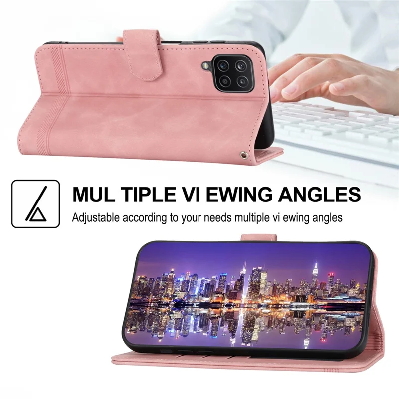 DIERFENG DF-03 Leather Case for Samsung Galaxy A12, Stand Wallet Phone Cover with Lines Imprinted - Pink