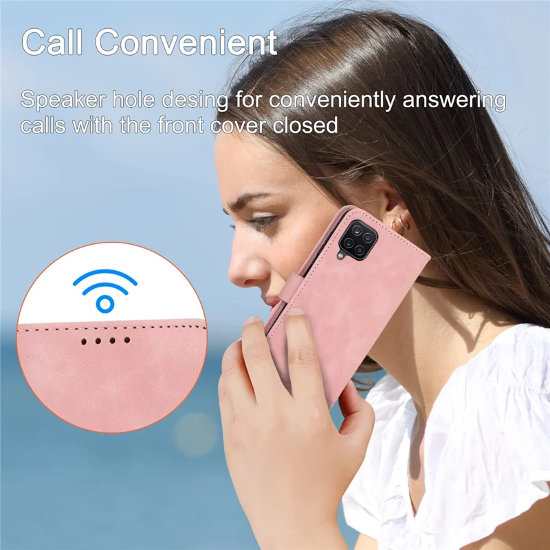 DIERFENG DF-03 Leather Case for Samsung Galaxy A12, Stand Wallet Phone Cover with Lines Imprinted - Pink