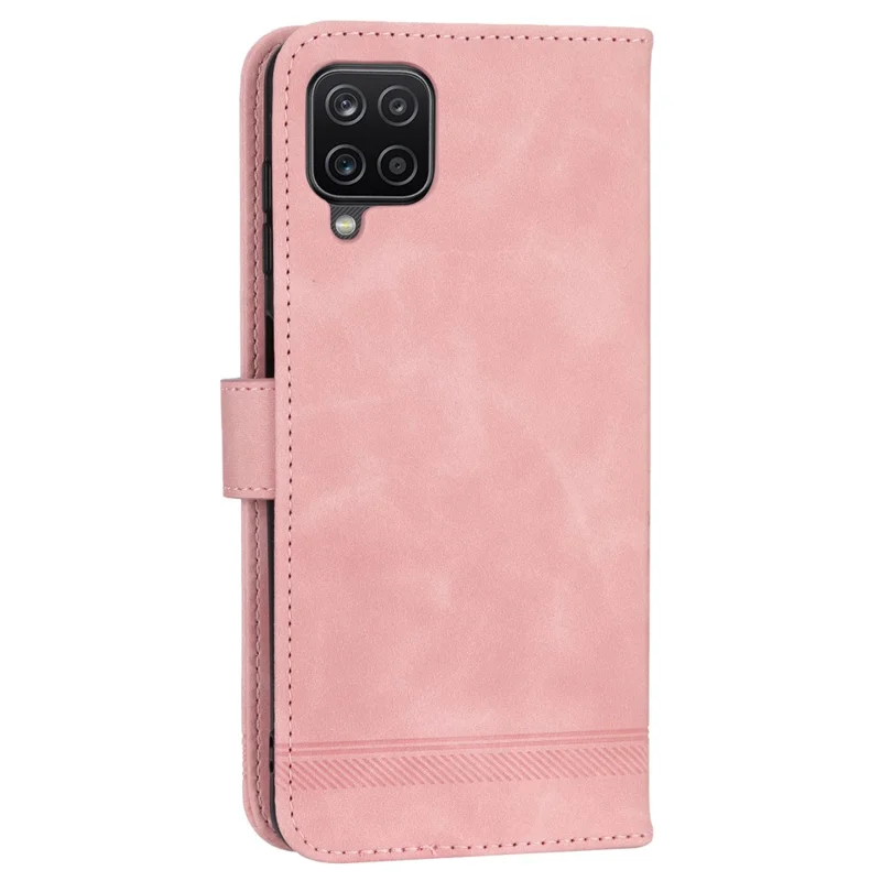 DIERFENG DF-03 Leather Case for Samsung Galaxy A12, Stand Wallet Phone Cover with Lines Imprinted - Pink