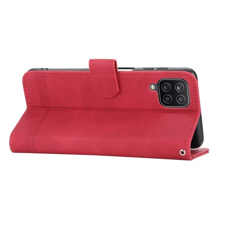 DIERFENG DF-03 Capa de Couro para Samsung Galaxy A12, Capa Carteira de Telefone com Linhas Impressas - Vermelho