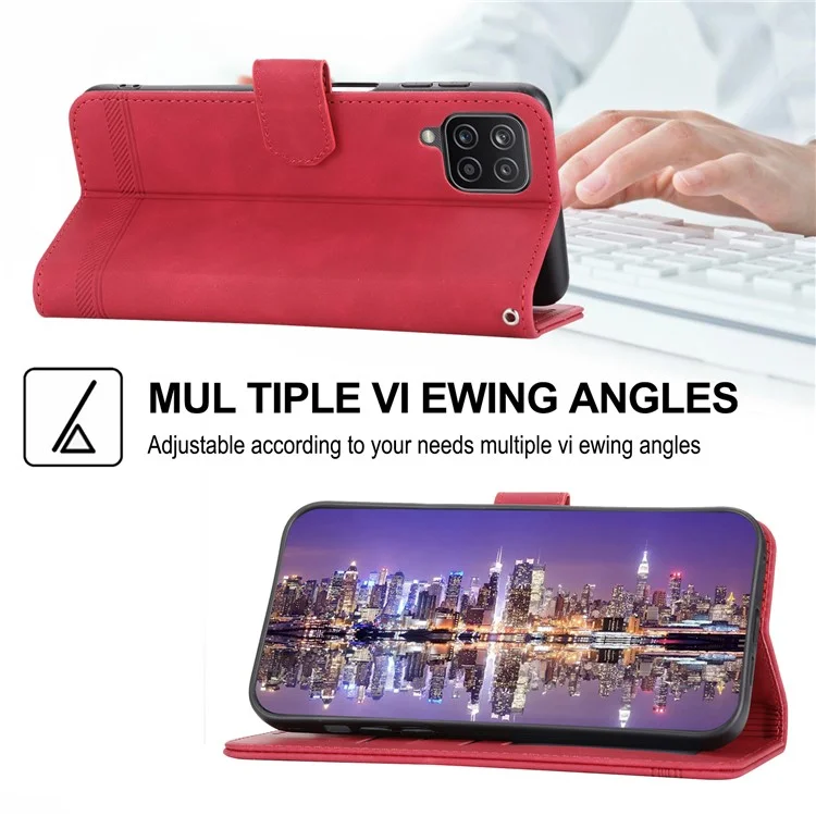 DIERFENG DF-03 Capa de Couro para Samsung Galaxy A12, Capa Carteira de Telefone com Linhas Impressas - Vermelho