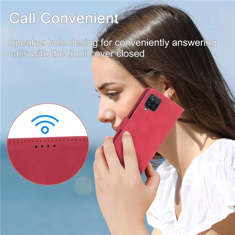DIERFENG DF-03 Capa de Couro para Samsung Galaxy A12, Capa Carteira de Telefone com Linhas Impressas - Vermelho