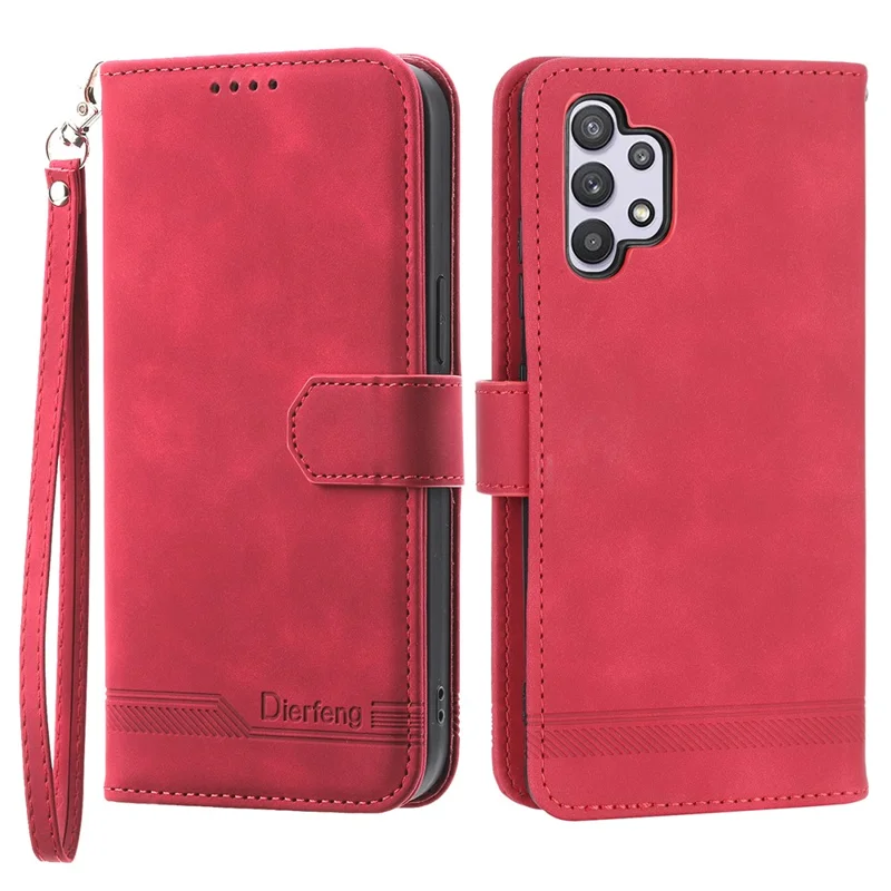 DIERFENG DF-03 Mobile Phone Cover for Samsung Galaxy A32 5G / M32 5G, Lines Imprinted PU Leather Stand Wallet Phone Case - Red