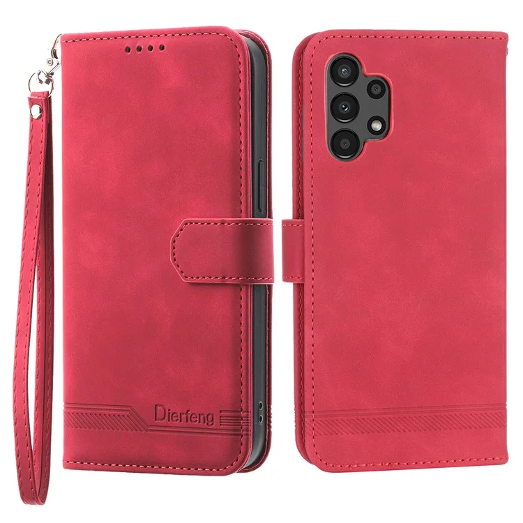 DIERFENG DF-03 Wallet Phone Case per Samsung Galaxy A13 4G / 5G, Stand PU Leather Lines Imprinted Phone Cover - Red